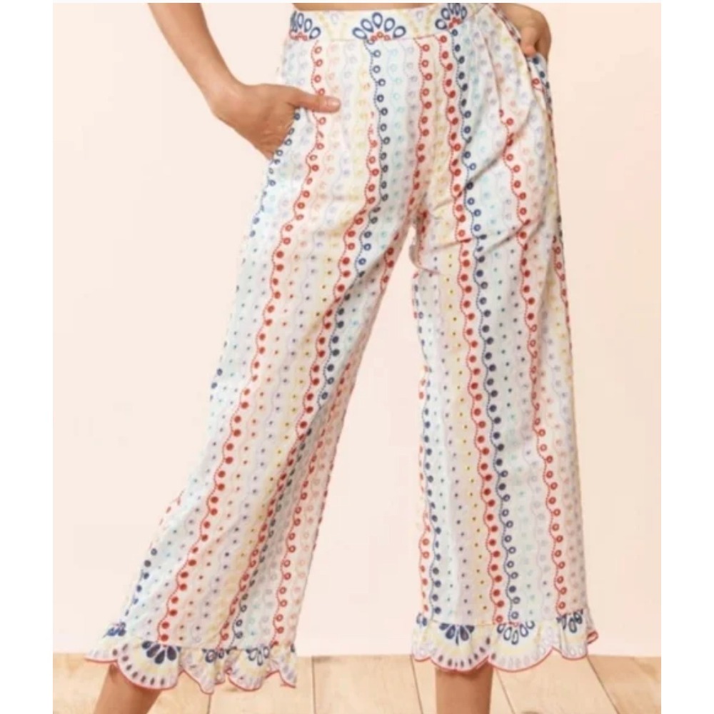 RED CARTER Eyelet Multi Color Rainbow Embroidered Cropped Pants Size S NWT